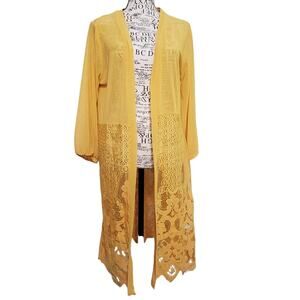Ember Mustard Gold Yellow Long Flowy Kimono Lace Detail Short Sleeve Wrap Medium